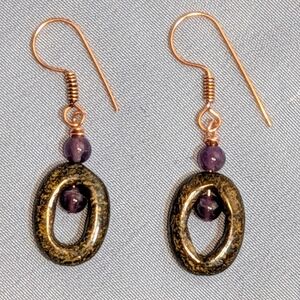 Bronzite and Amethyst Genuine Gemstone with Copper Earrings, Original Design